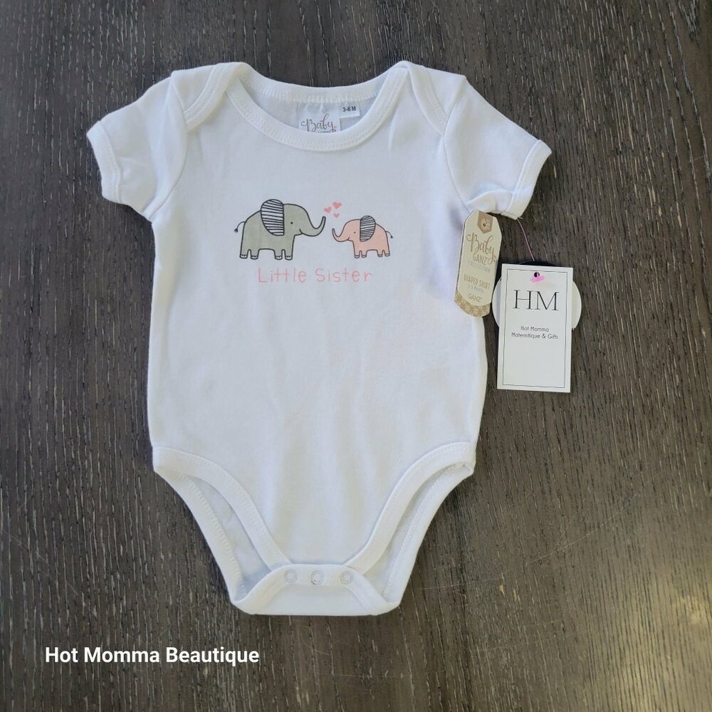 Infant Little Sister Gray & Pink Elephant Duo Graphic Onsie 3-6M